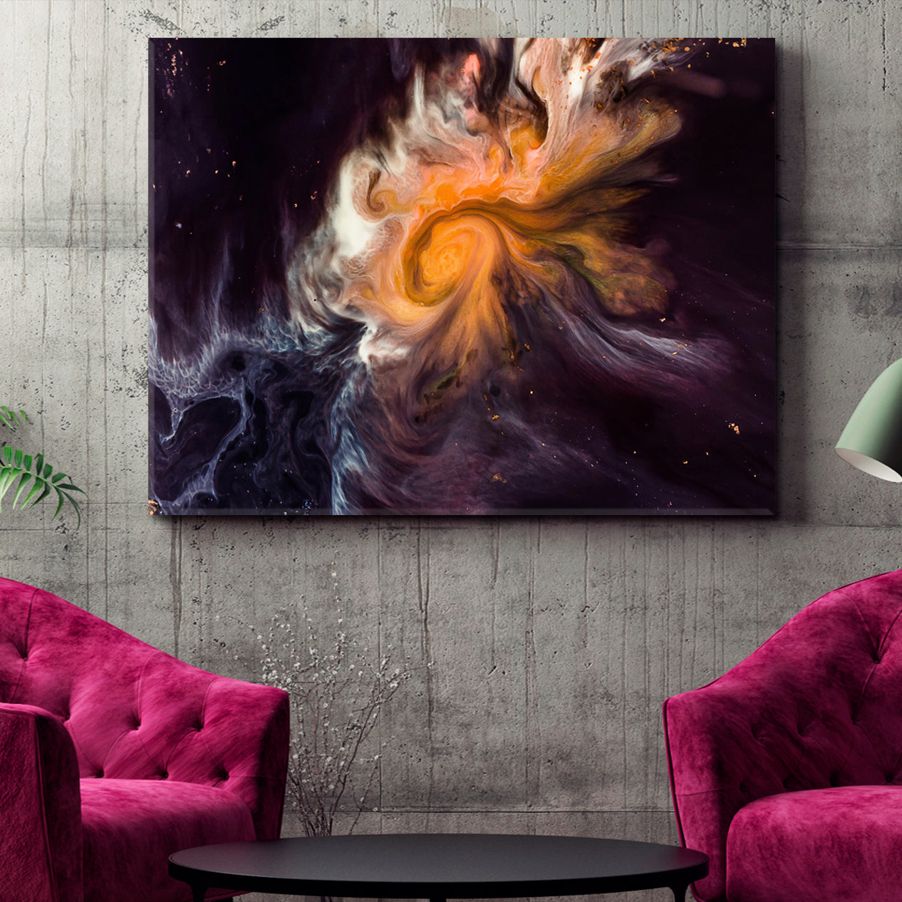 MOVEMENT OF PAINTS Dark Purple Orange Marble Fluid Art, Oriental Marbling Canvas Print Artesty 1 panel 24" x 16" 