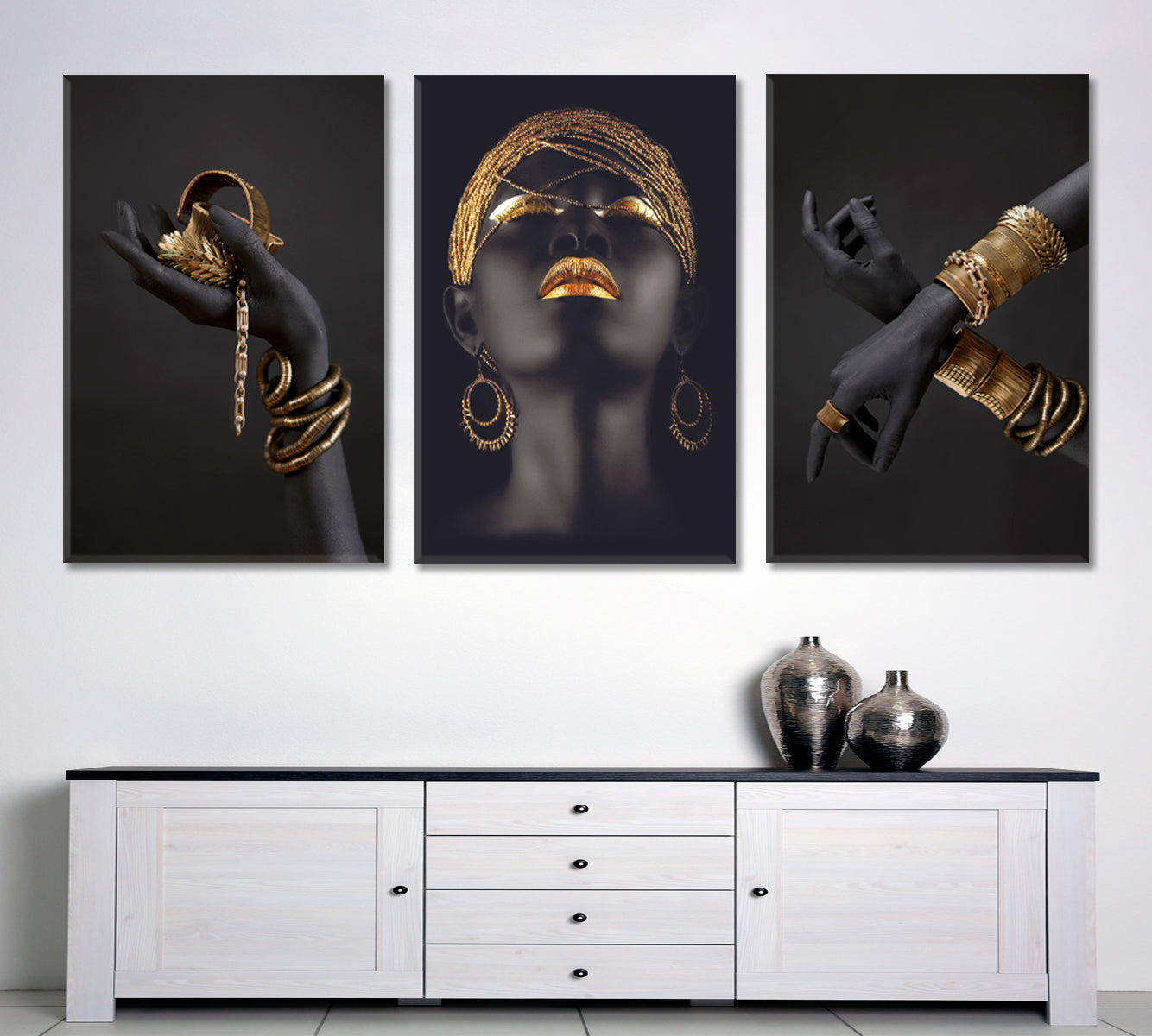 Black Woman Hand Gold High Fashion Art Luxury SET 3 Vertical Panels Abstract Art Print Artesty   