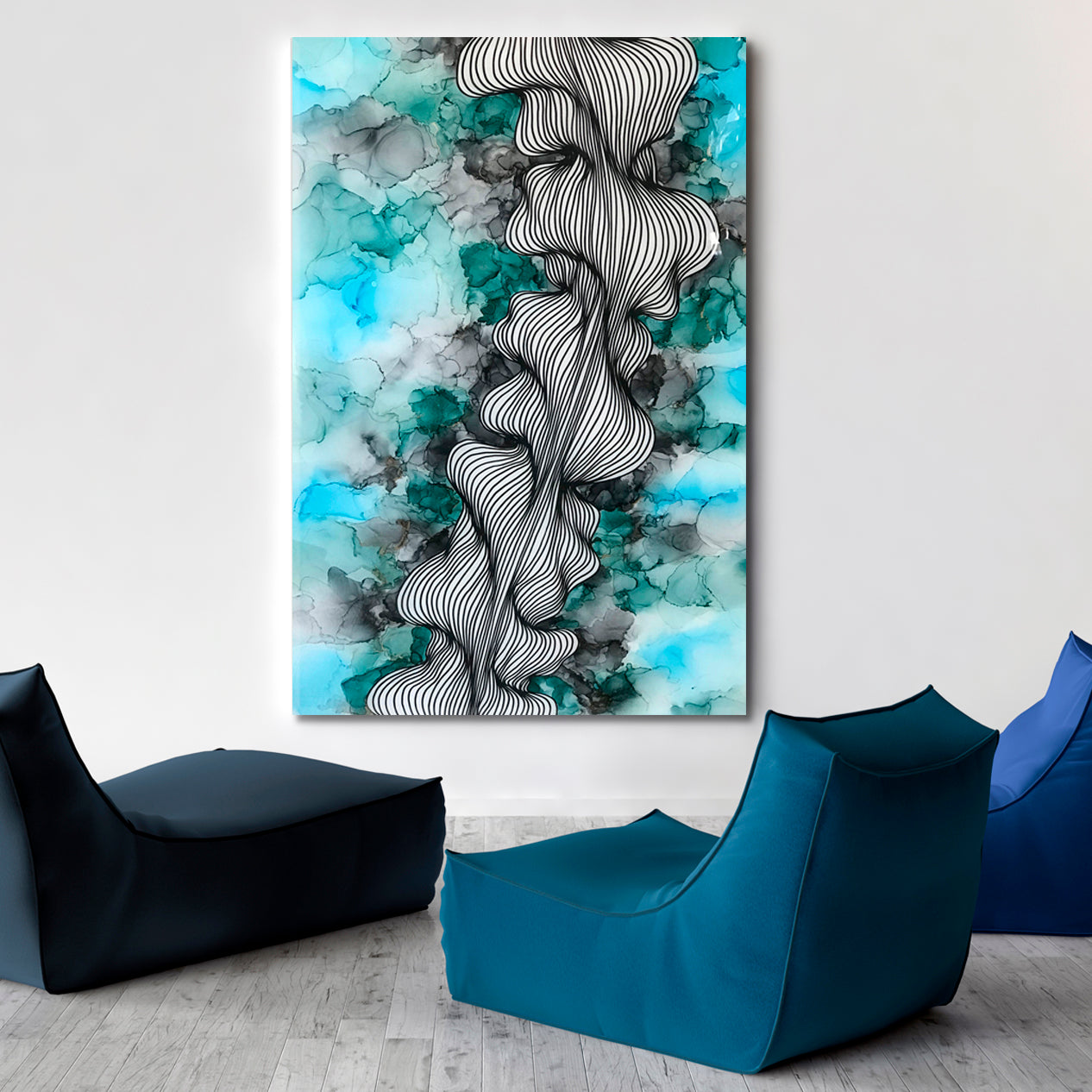 Blue Ink Painting Fluid Art, Oriental Marbling Canvas Print Artesty 1 Panel 16"x24" 