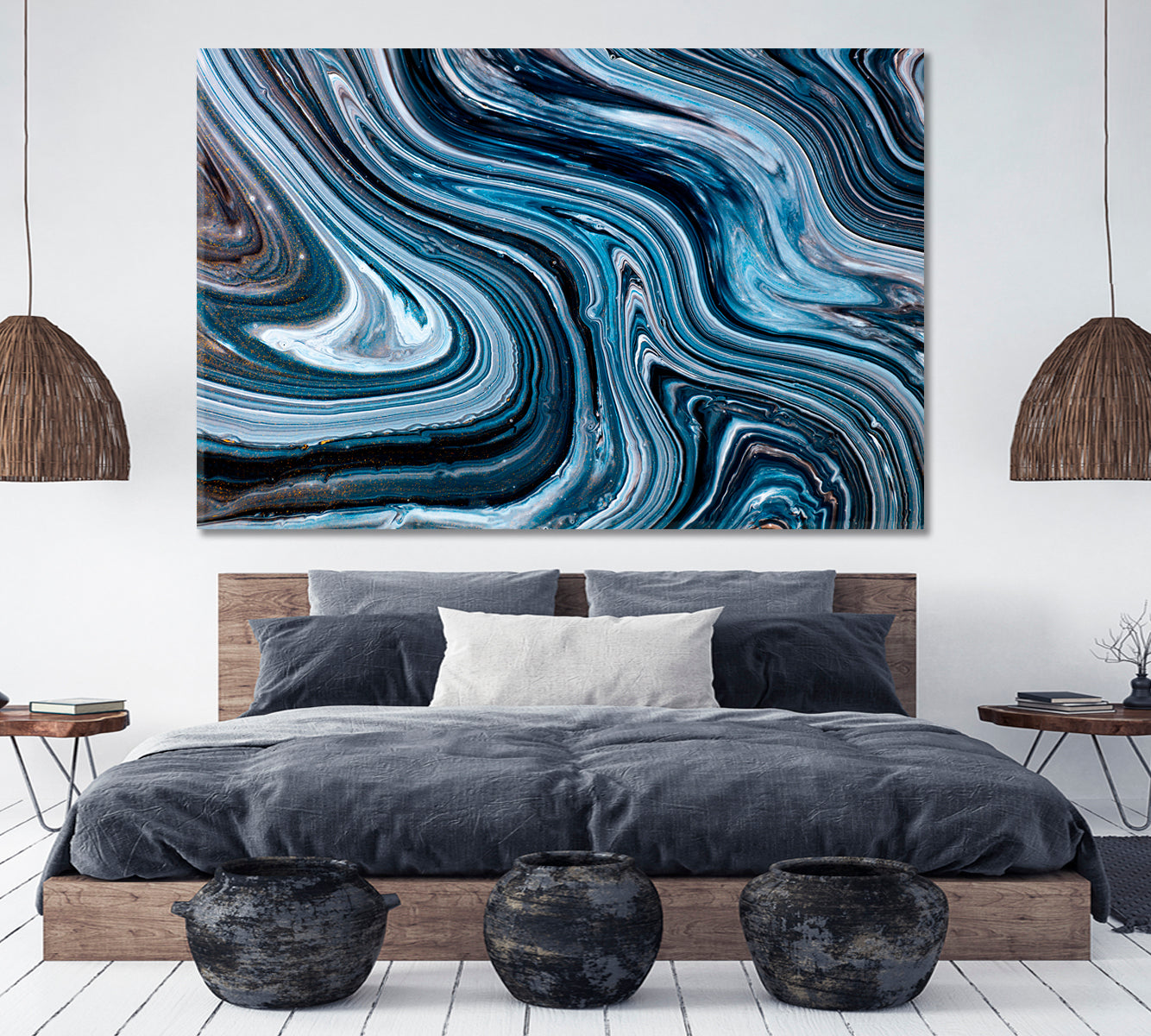 Black Blue White Overflow Liquid Acrylic Abstract Iridescent Marble Effect Fluid Art, Oriental Marbling Canvas Print Artesty   