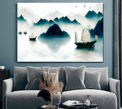 Mountains Sailboat Horizon Traditional Chinese Ink Landscape Asian Style Canvas Print Wall Art Artesty 1 panel 24" x 16" 