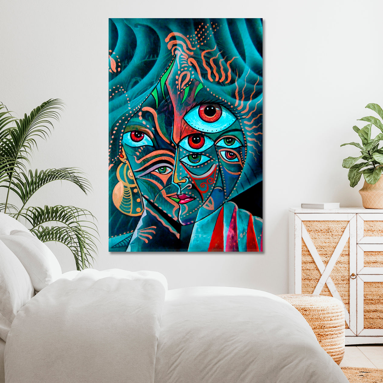 Cubism Face Fantasy Design Vivid Teal Color Cubist Trendy Large Art Print Artesty   