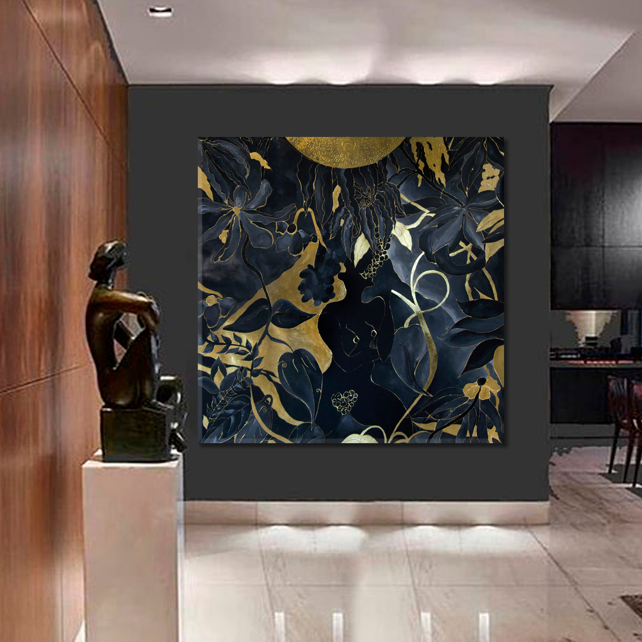 GARDEN OF EDEN Girl Abstract Black Gold Tropical Leaves Abstract Art Print Artesty   