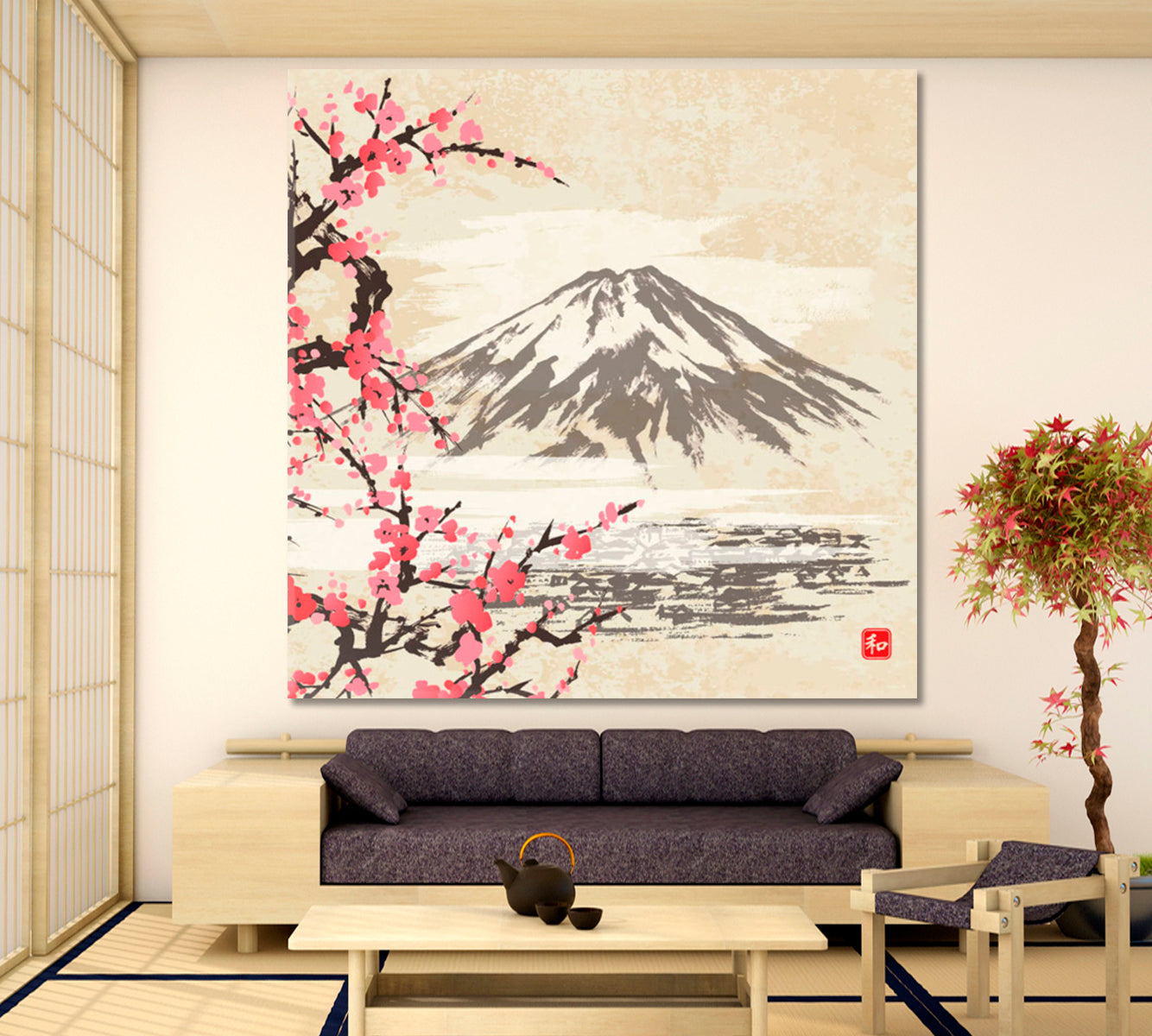 HARMONY Mountain Fuji Sakura Japanese Cherry Blossom Trees Style Oriental Canvas Print - Square Asian Style Canvas Print Wall Art Artesty   