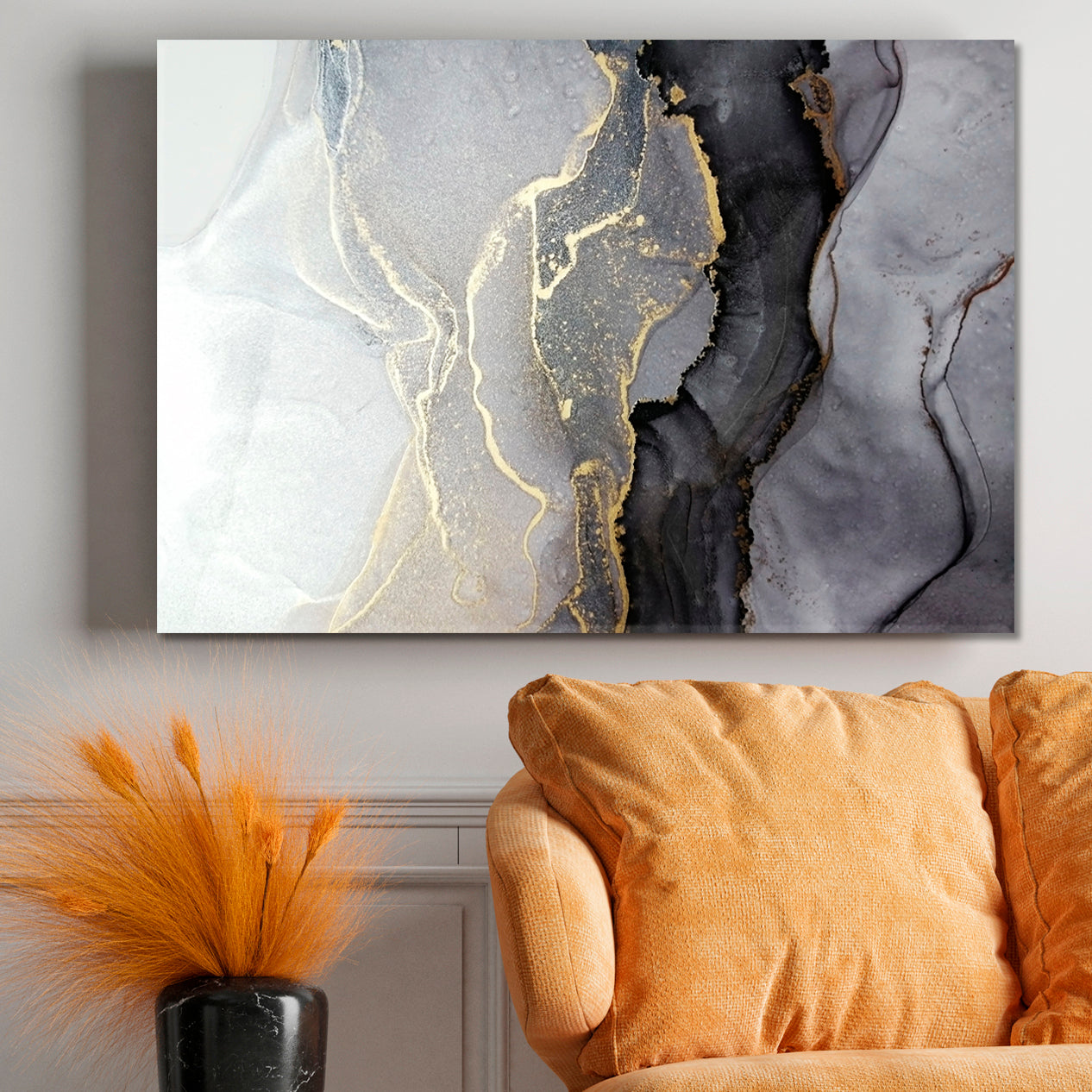 Luxury Abstract Fluid Art Alcohol Ink Black and Gold Fluid Art, Oriental Marbling Canvas Print Artesty   