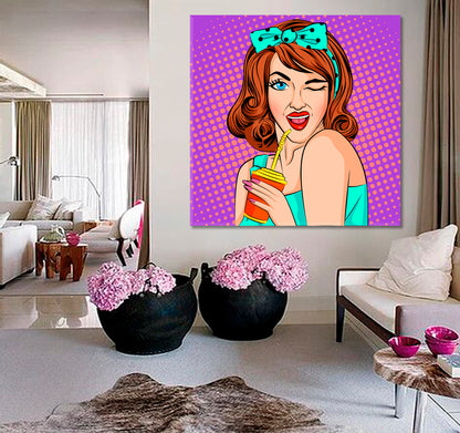 Pop Retro Style Lady with Cola Drink Pop Art Canvas Print Artesty 1 Panel 12"x12" 