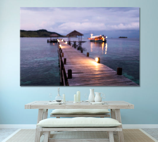 Tropical Island Marine Pier Yacht Twilight Bokeh Lights Blurred Canvas Print Scenery Landscape Fine Art Print Artesty 1 panel 24" x 16" 