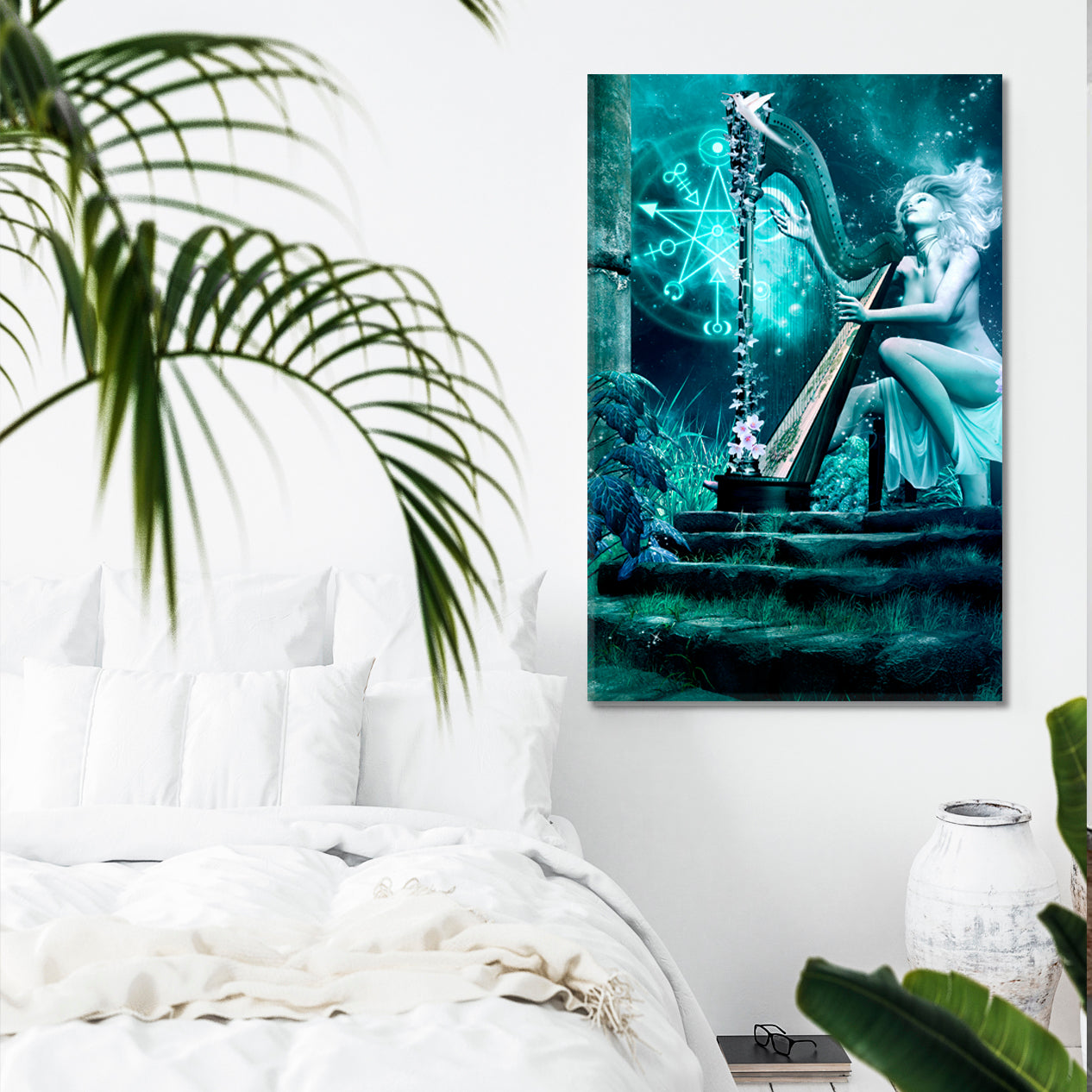 Fairy Harp Music Night Fantasy Scenery with a Girl Playing Harp Canvas Print - Vertical Surreal Fantasy Large Art Print Décor Artesty   