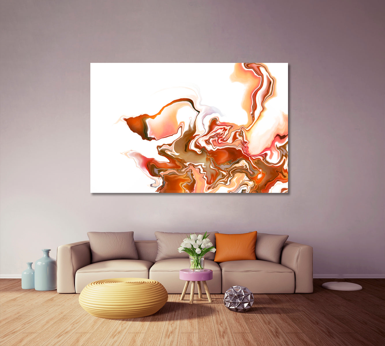 Brown Orange Mix Abstract Wavy Forms Futuristic Pattern Fluid Art, Oriental Marbling Canvas Print Artesty   