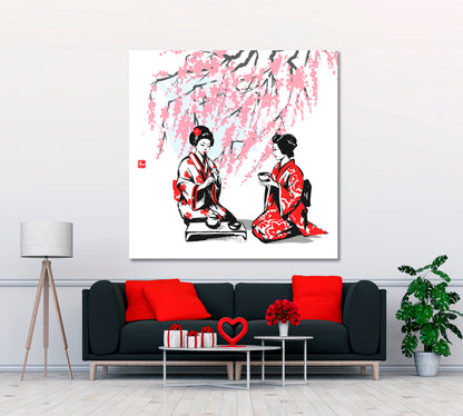 Oriental Branches Cherry and Two Girls Having Tea Japanese Style Canvas Print - Square Asian Style Canvas Print Wall Art Artesty   