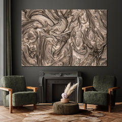 GREY BROWN WAVES | Abstract Swirls Trendy Style Canvas Print Fluid Art, Oriental Marbling Canvas Print Artesty   