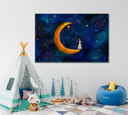 Girl on Big Moon Space Fabulous World Modern Art Impressionism Abstract Landscape Canvas Print Fine Art Artesty   