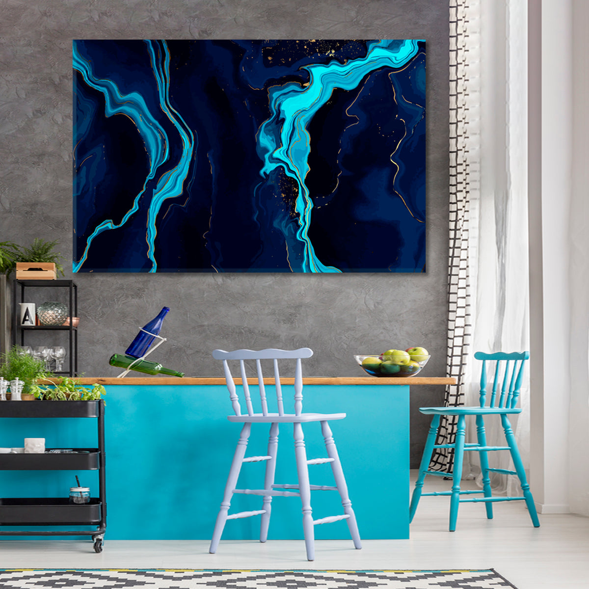 DARK BLUE MARBLE Indigo Ocean Natural Luxury Style Swirls Fluid Art, Oriental Marbling Canvas Print Artesty 1 panel 24" x 16" 