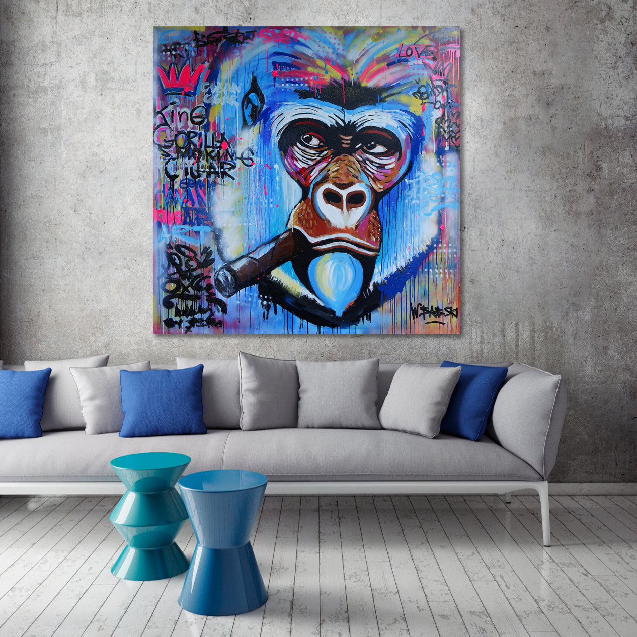 BANKSY STYLE  Monkey Gorilla Smoking Cigar Grunge Banksy Graffiti - S Animals Canvas Print Artesty 1 Panel 12"x12" 