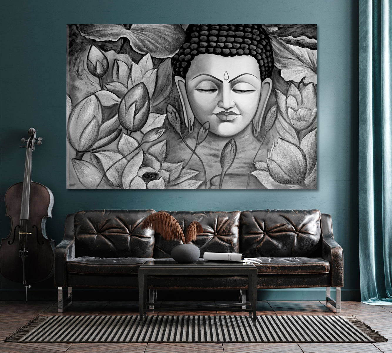 Lord Buddha Spiritual Poster Black & White Religious Modern Art Artesty 1 panel 24" x 16" 