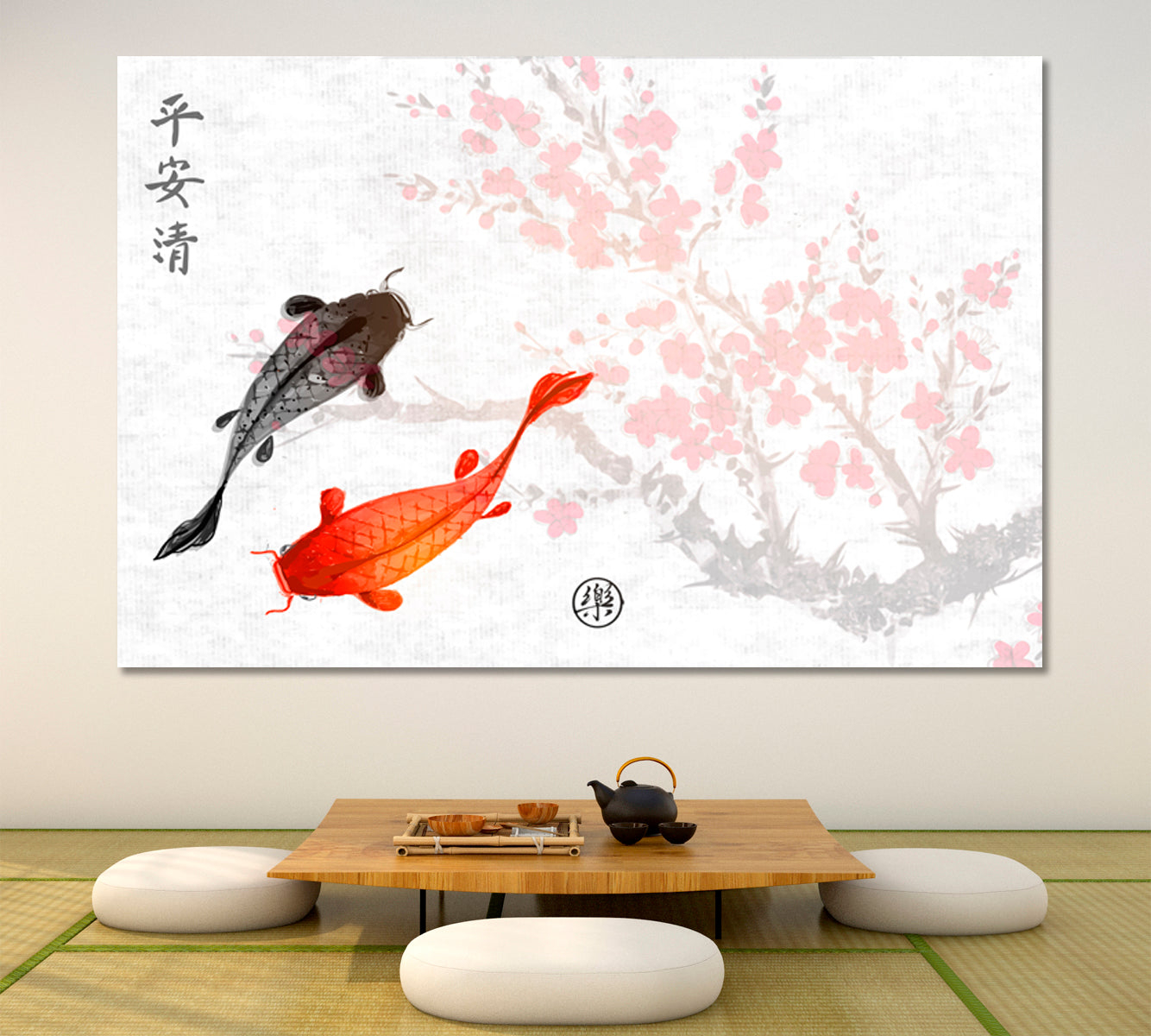 ZEN Sakura Koi Fishes Traditional Oriental Peace Tranquility Clarity Joy Asian Style Canvas Print Wall Art Artesty   