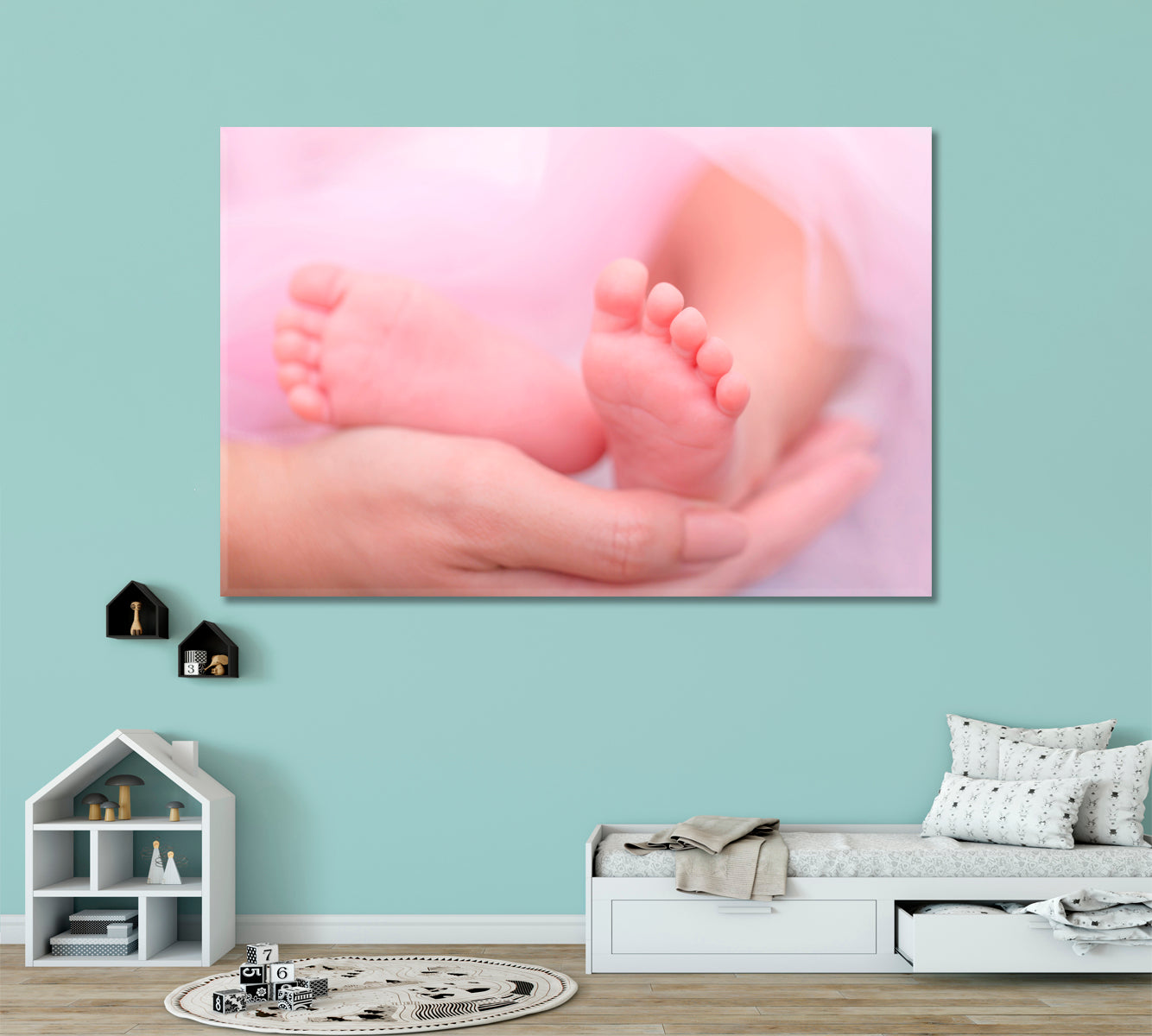 Health Care Protection Happy Parenthood Mothers hand & Little Baby Feet Canvas Print Photo Art Artesty   