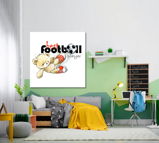 Cute Teddy Bear Soccer Player Football Sweet Kids Baby Nursery Room Canvas Print | Square Panel Kids Room Canvas Art Print Artesty
