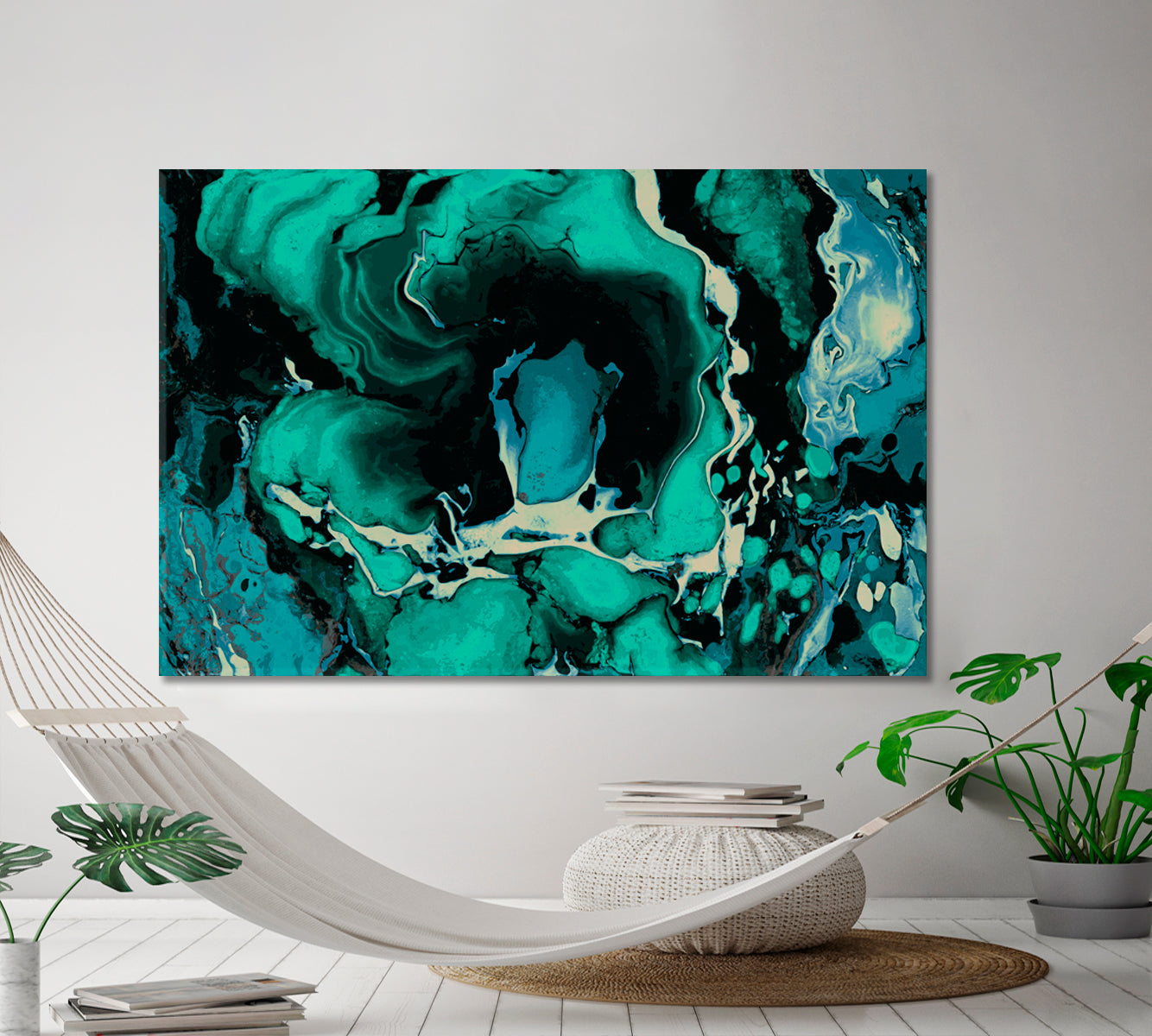 TEAL BLUE GREEN MIX Abstract Wavy Forms Fractal Futuristic Pattern Fluid Art, Oriental Marbling Canvas Print Artesty   