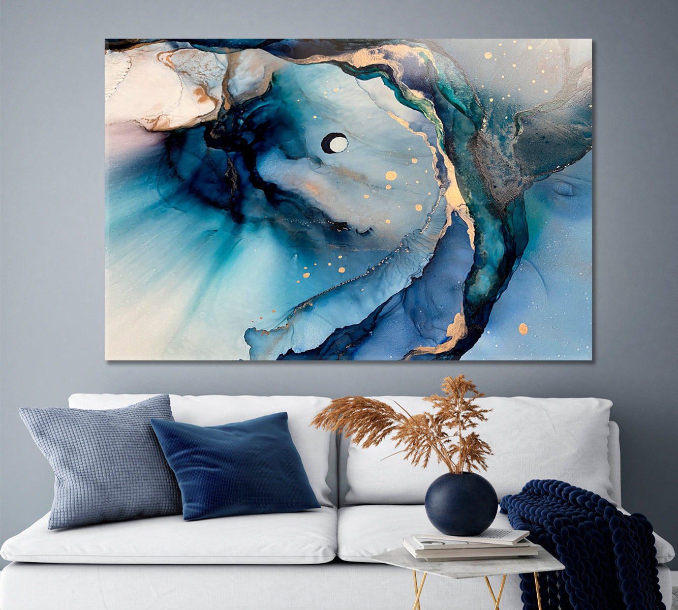 Abstract Marble Fluid Art Blue Veining Sparkling Gold Pigment Fluid Art, Oriental Marbling Canvas Print Artesty 1 panel 24" x 16" 