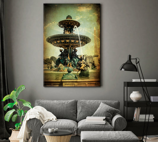 Historical Water Fountain Place de la Concorde Paris France Vintage Style Canvas Print | Vertical Cities Wall Art Artesty