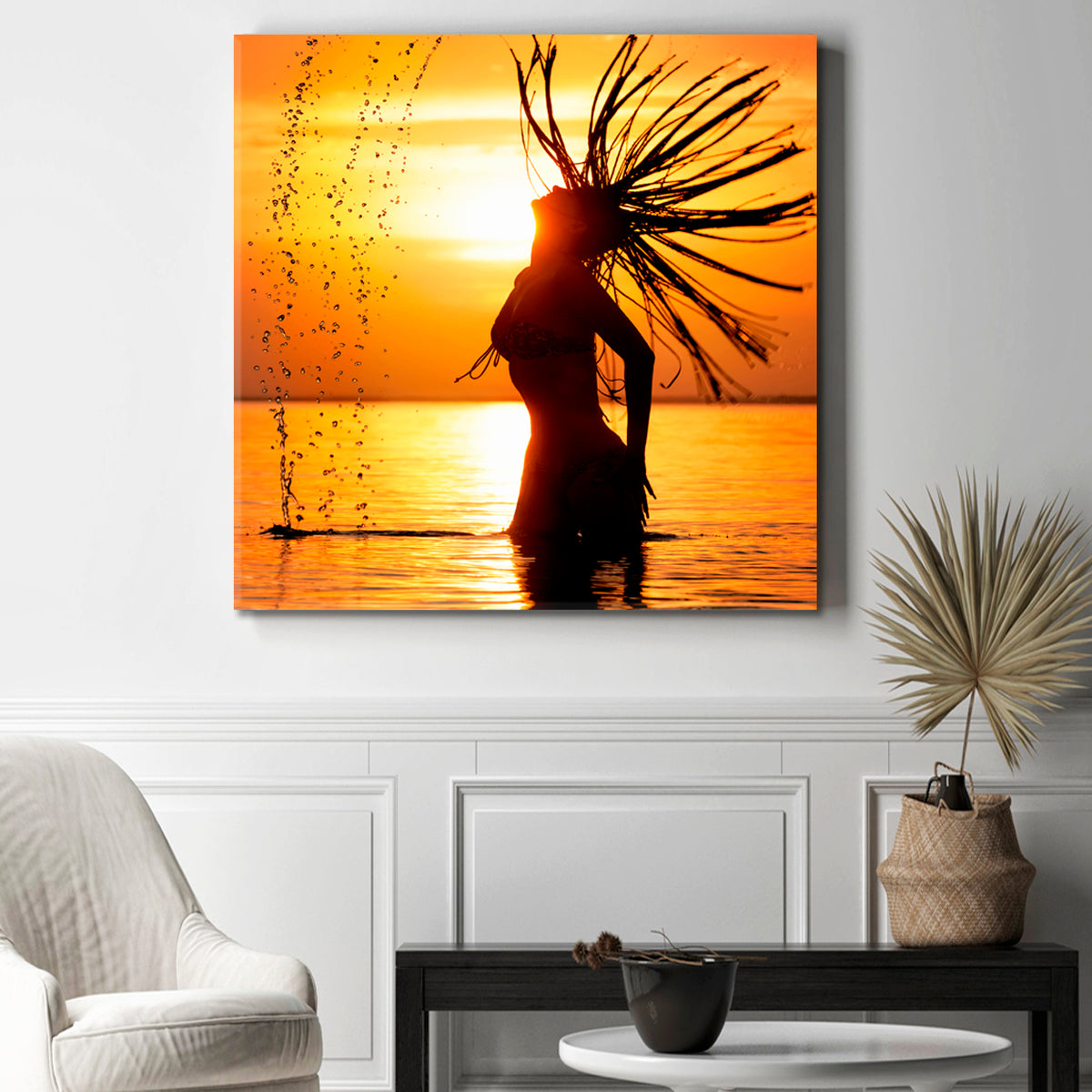 SEA SPLASH Golden Sunset Beautiful Female Silhouette Scenery Landscape Fine Art Print Artesty 1 Panel 12"x12" 