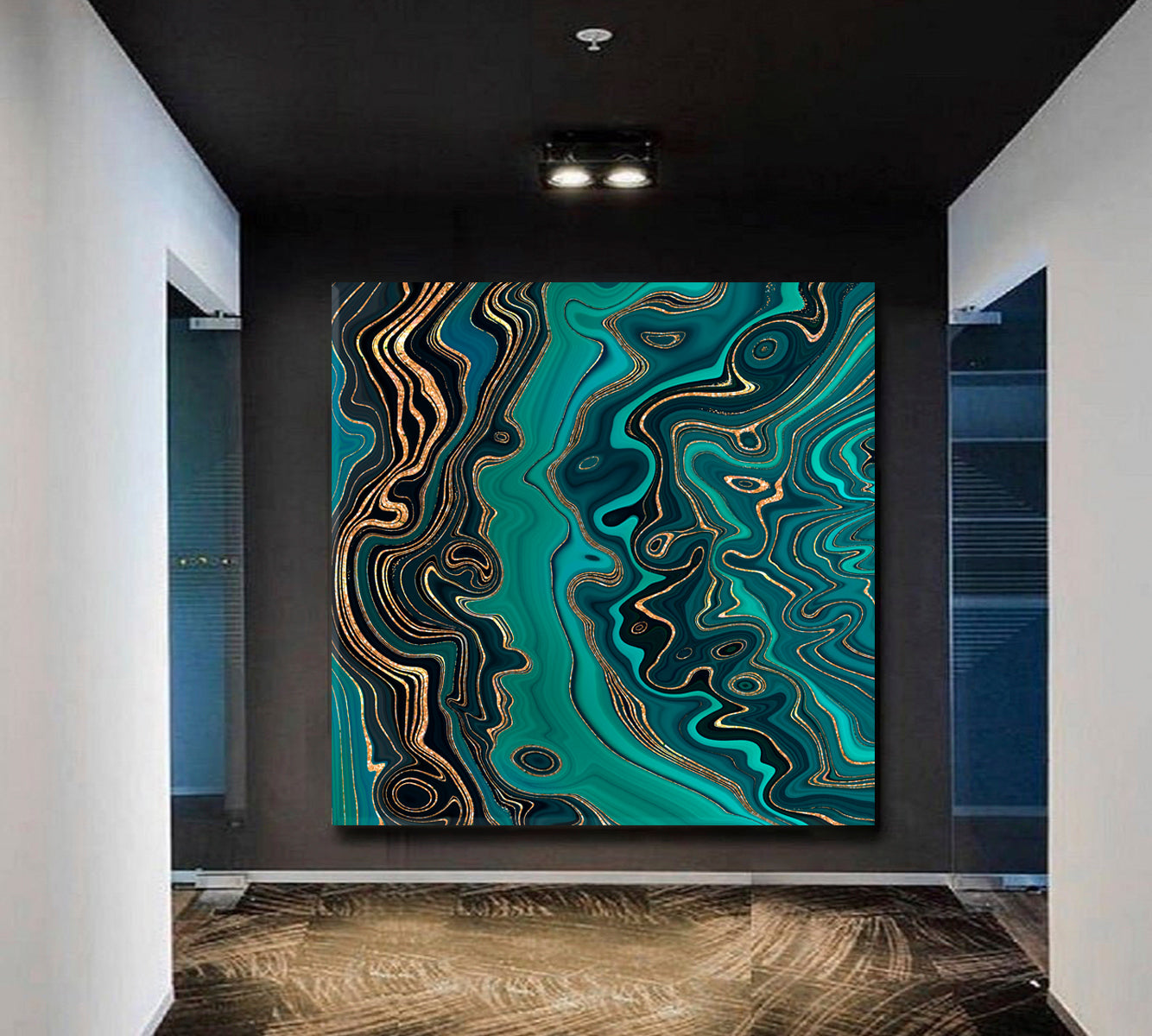 MALACHITE Abstract Green Wavy Lines Gold Glitter Veins Modern Marble Fluid Art, Oriental Marbling Canvas Print Artesty   