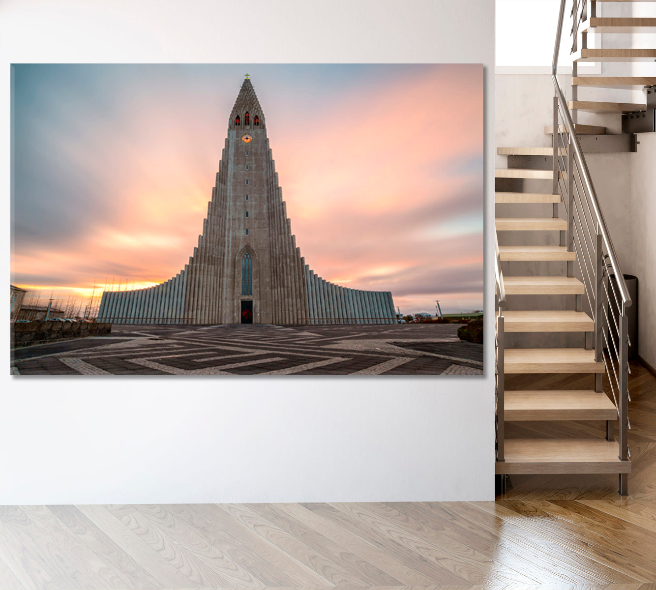 Boreal Polar Aurora Hallgrímskirkja Largest Church Iceland Reykjavík Beautiful Sunrise Landscape Canvas Print Scenery Landscape Fine Art Print Artesty 1 panel 24" x 16" 