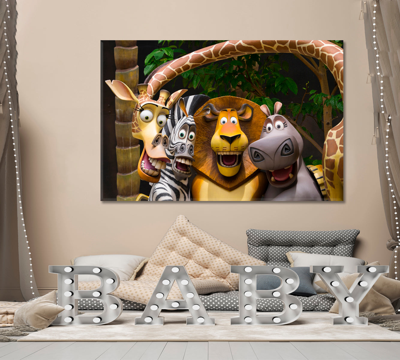 MADAGASCAR Kids Room Nursery Concept Cute Animals Cartoon Canvas Print TV, Cartoons Wall Art Canvas Artesty   