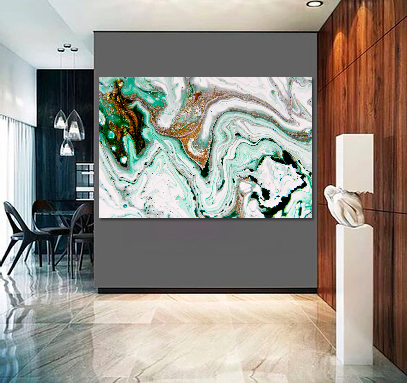 Contemporary Art Beautiful Abstract Emerald Marble Fluid Art, Oriental Marbling Canvas Print Artesty   