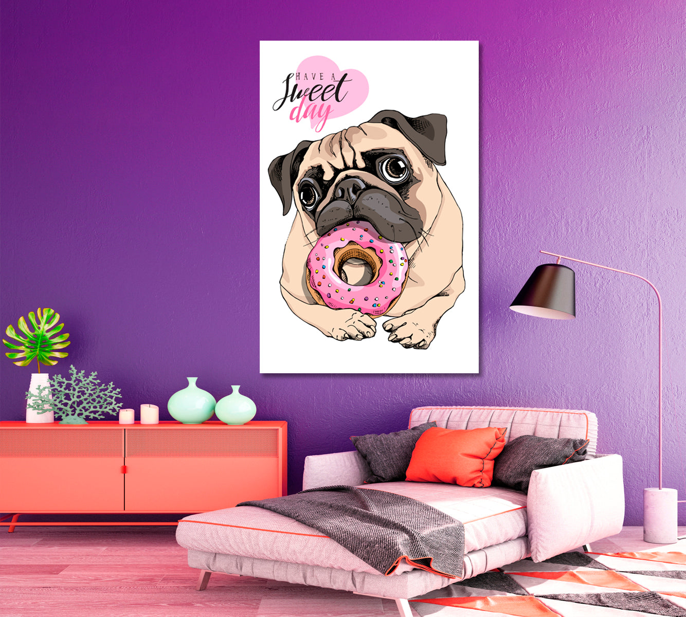 KIDS ART Adorable Cute Beige Puppy Pug Pink Donut Canvas Print | Vertical Animals Canvas Print Artesty   