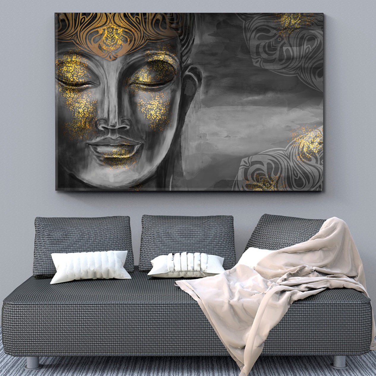 Buddha Bodhisattva Modern Grey Gold Painting Religious Modern Art Artesty 1 panel 24" x 16" 