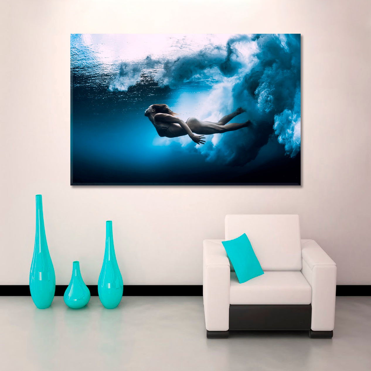 UNDERWATER | Woman Swim Underwater Amazing Shot Canvas Print Nautical, Sea Life Pattern Art Artesty 1 panel 24" x 16" 