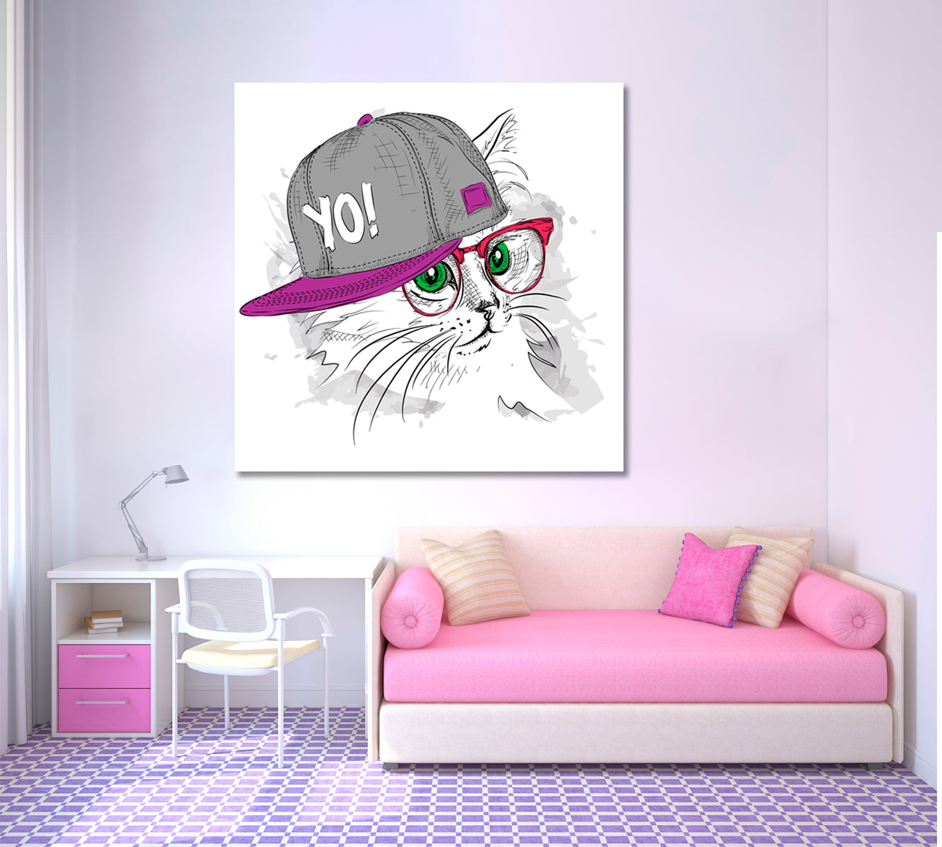 Cute Cat Hip-Hop Hat Funny Whimsical Animal KIDS ROOM CONCEPT Canvas Print | Square Panel Animals Canvas Print Artesty   