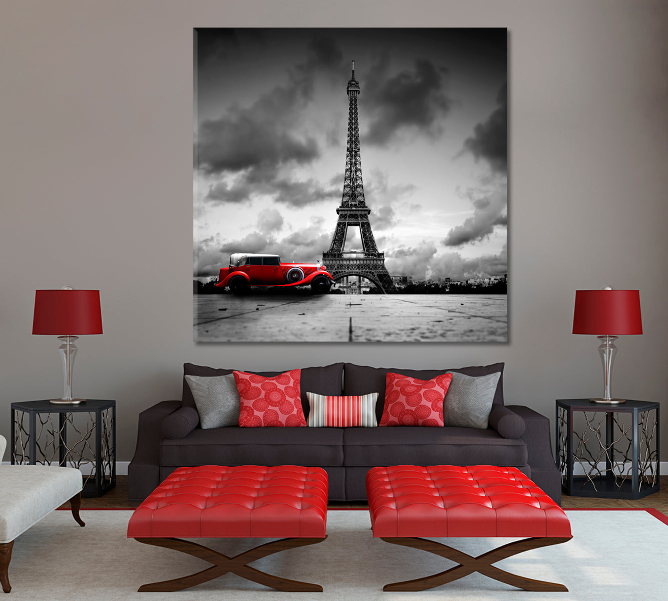 Eiffel Tower Paris France Red Retro Car Black and White Vintage Style Cities Wall Art Artesty   