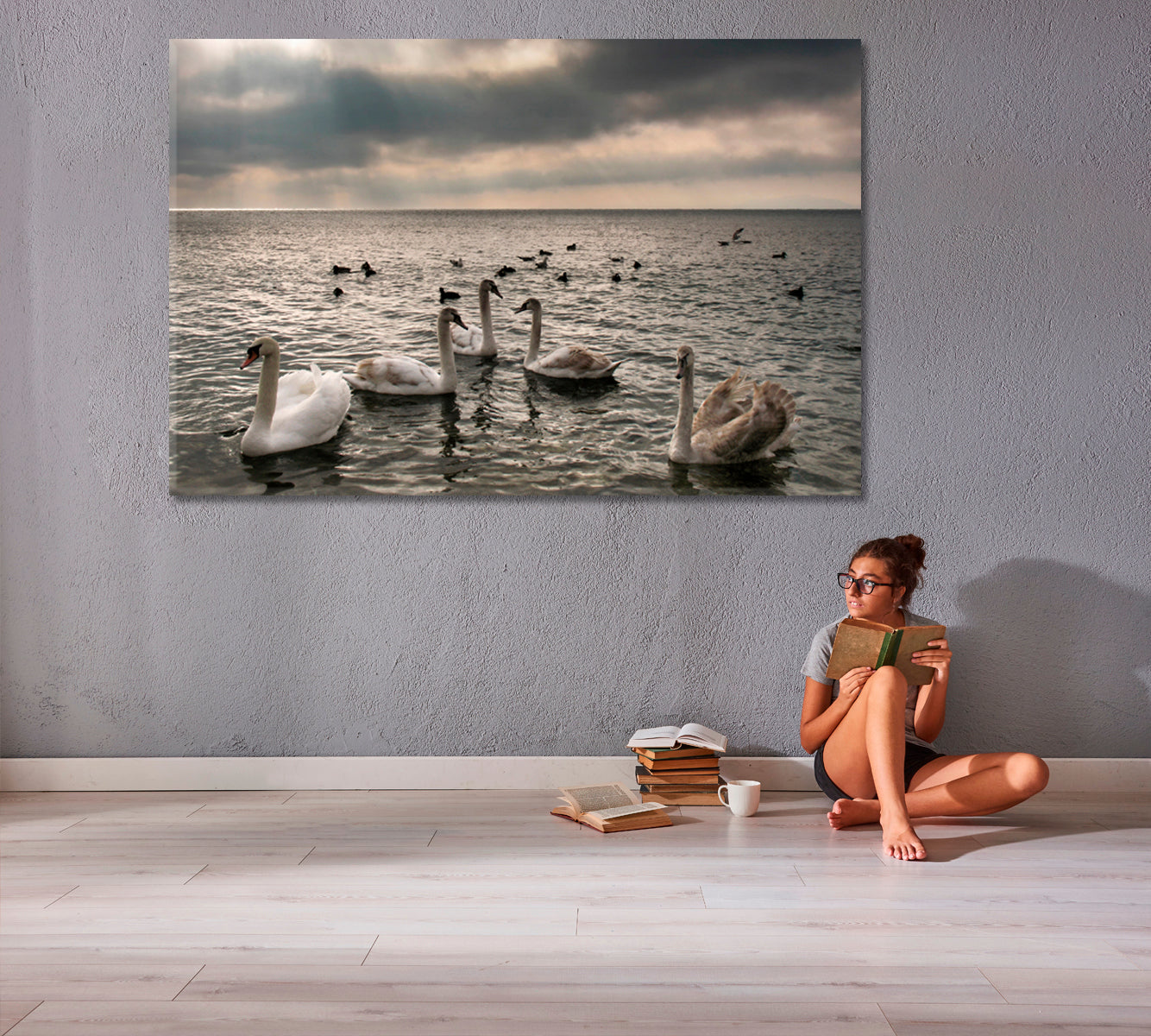 Panoramic Nature Landscape Graceful Wild Swan Flock Beautiful Birds Animals Canvas Print Artesty   