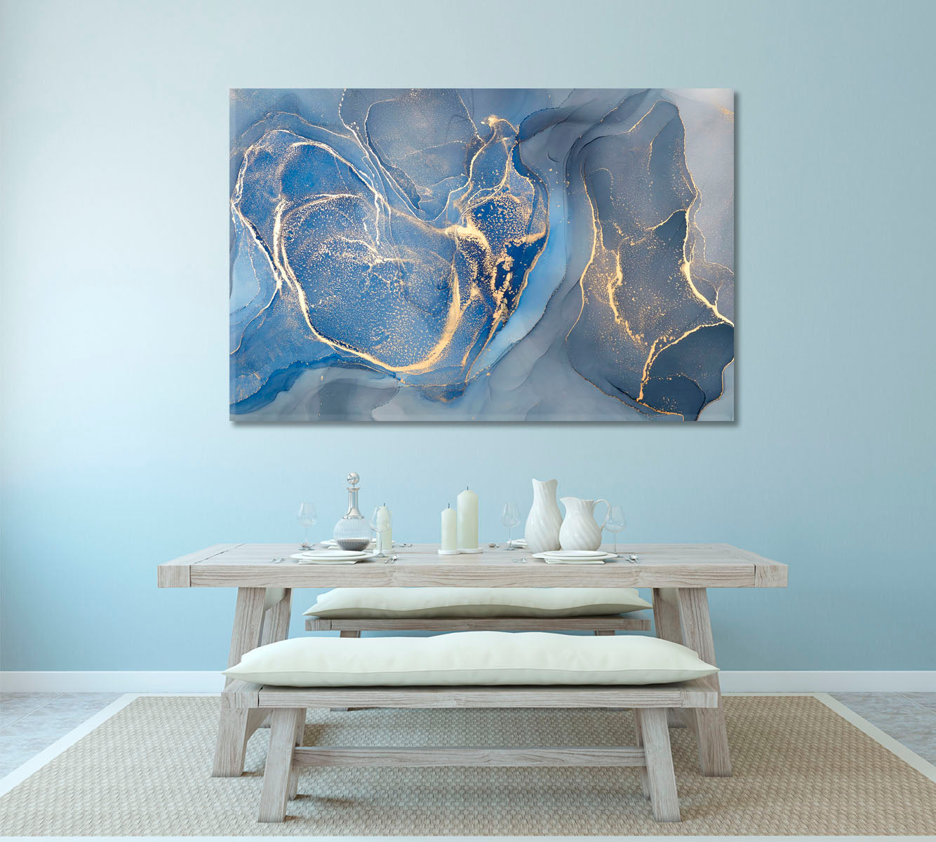 Light Blue Abstract Colorful Modern Art Marble Ink Colors Fluid Art, Oriental Marbling Canvas Print Artesty   