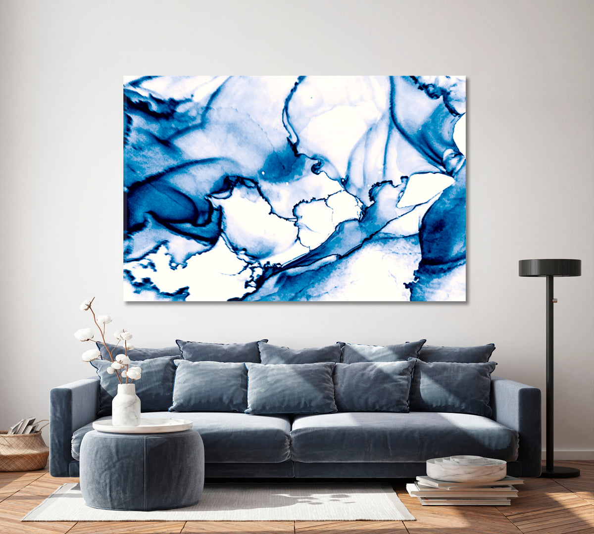 INK IN WATER Navy Blue Abstract Marble Veins Fluid Art, Oriental Marbling Canvas Print Artesty 1 panel 24" x 16" 