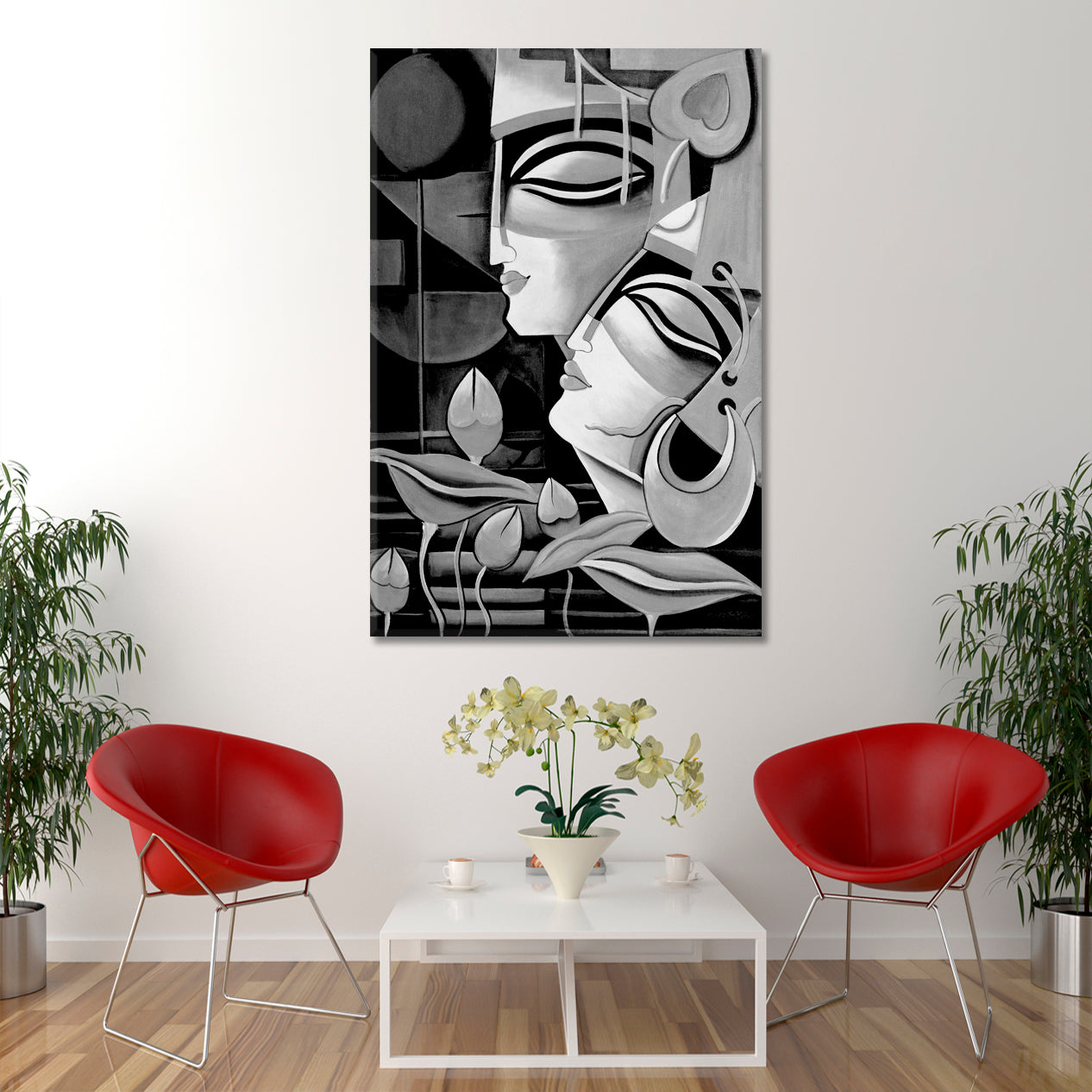 Lord Radha Krishna Modern Cubism Style Black And White Black and White Wall Art Print Artesty 1 Panel 16"x24" 