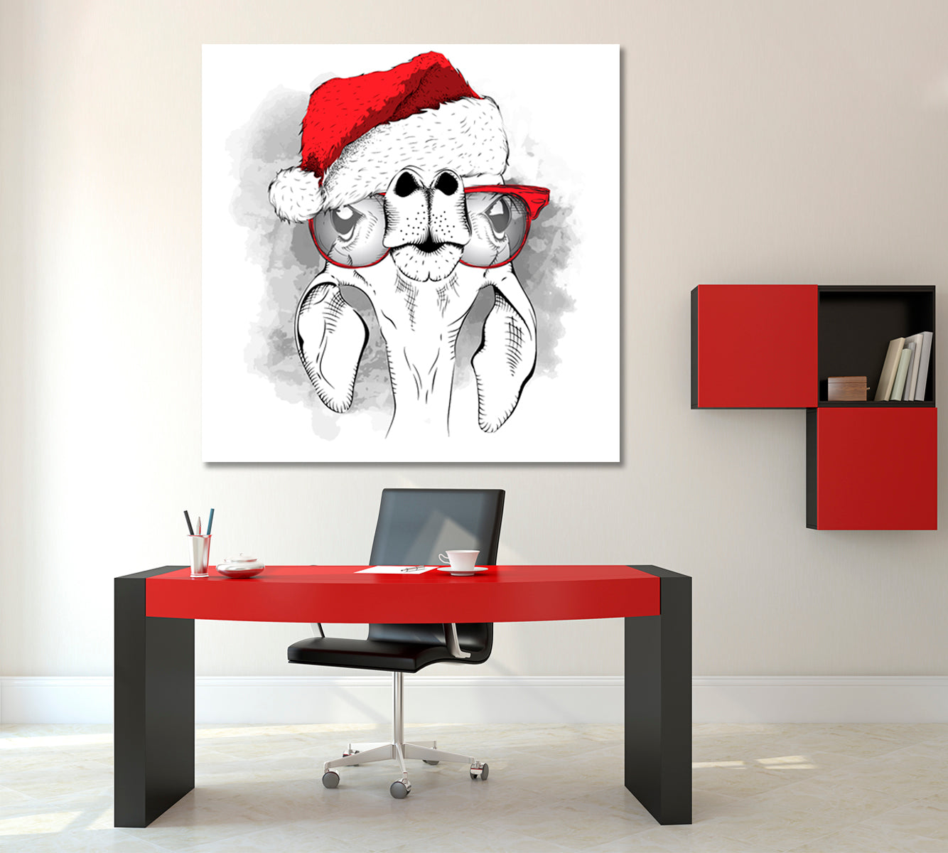 Cute Giraffe Portrait Santa's Hat Christmas Poster Canvas Print | Square Panel Animals Canvas Print Artesty   