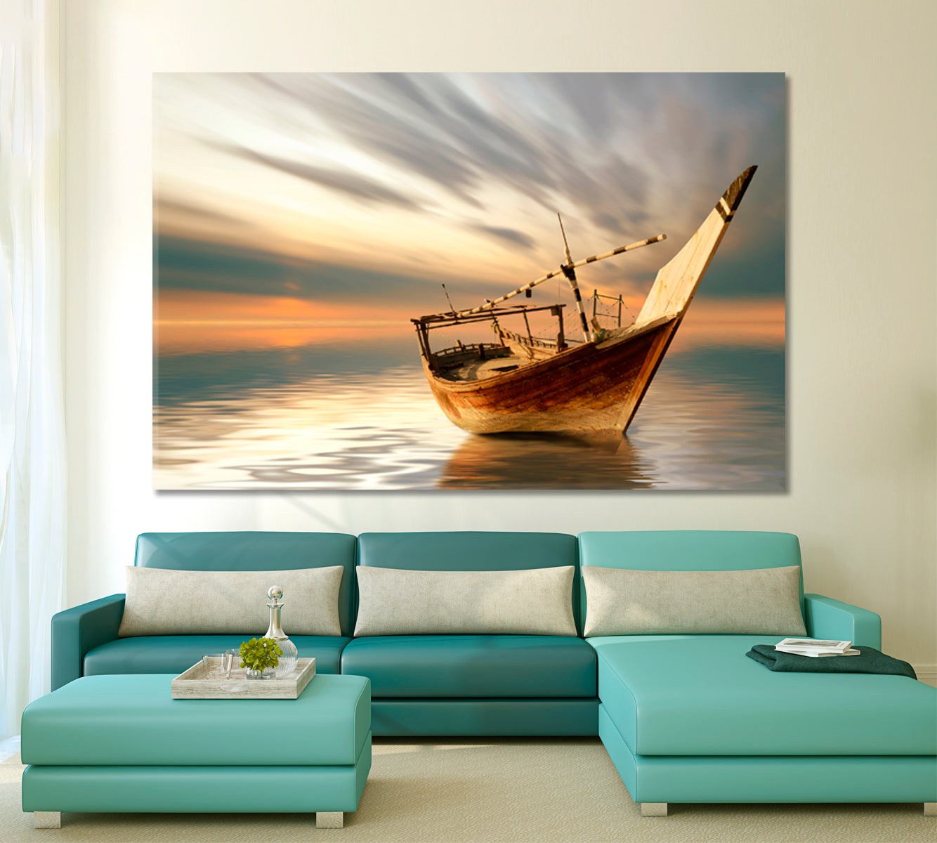 Lonely Boat Middle of the Sea Breathtaking Artistic Landscape Marine Life Canvas Print Scenery Landscape Fine Art Print Artesty   