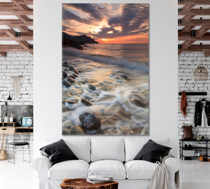 Incredible Beauty Panoramic Landscape Sunset on The Rocky Beach Canvas Print  - Vertical Scenery Landscape Fine Art Print Artesty   