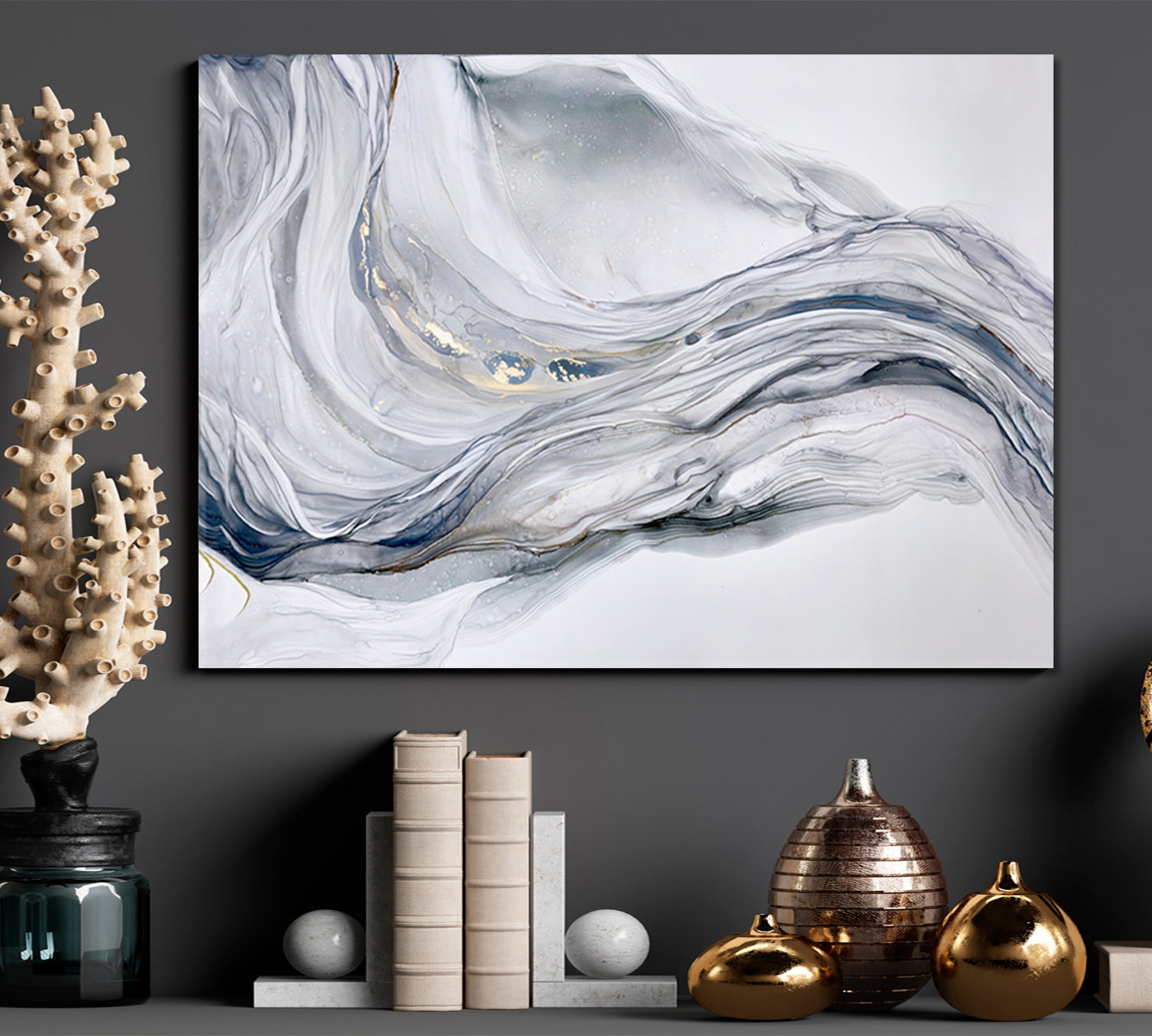 Beautiful Tender Blue Gray Abstract Waves Marble Effect Painting Fluid Art, Oriental Marbling Canvas Print Artesty   