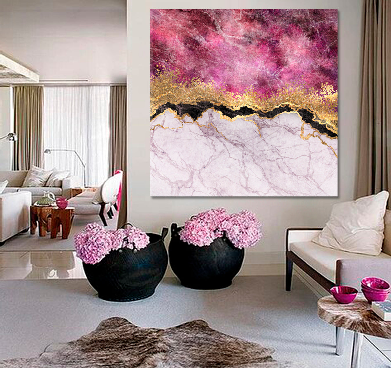 Purple Pink Fuchsia Marble Veins Stone Gold Foil Glitter Fluid Art, Oriental Marbling Canvas Print Artesty   