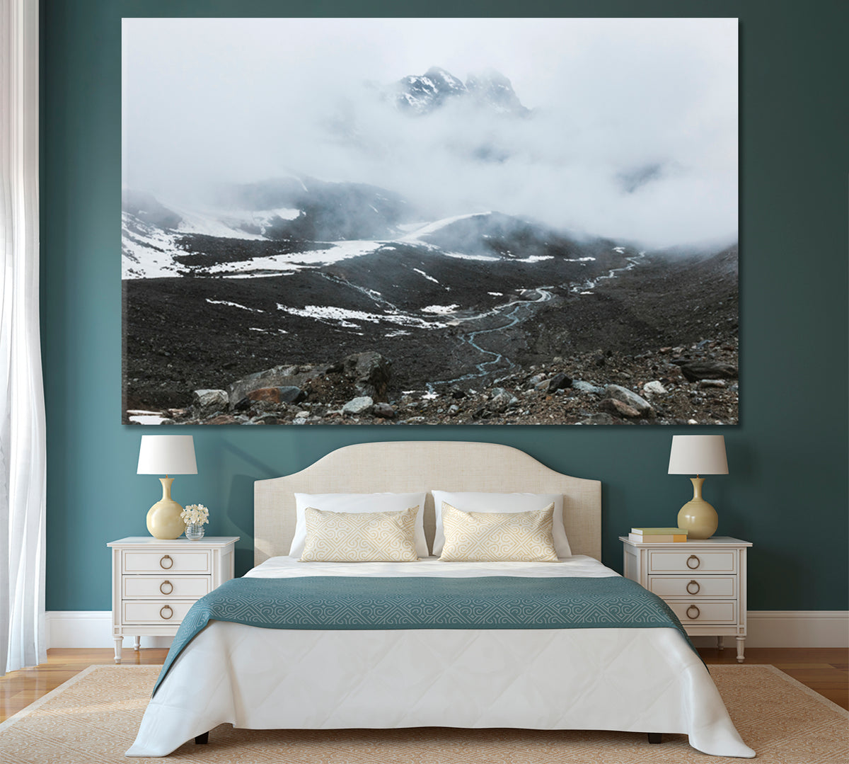 Mountain Landscape: Rocks Creeping Fog High Snowy Peaks Clouds Canvas Print Nature Wall Canvas Print Artesty 1 panel 24" x 16" 