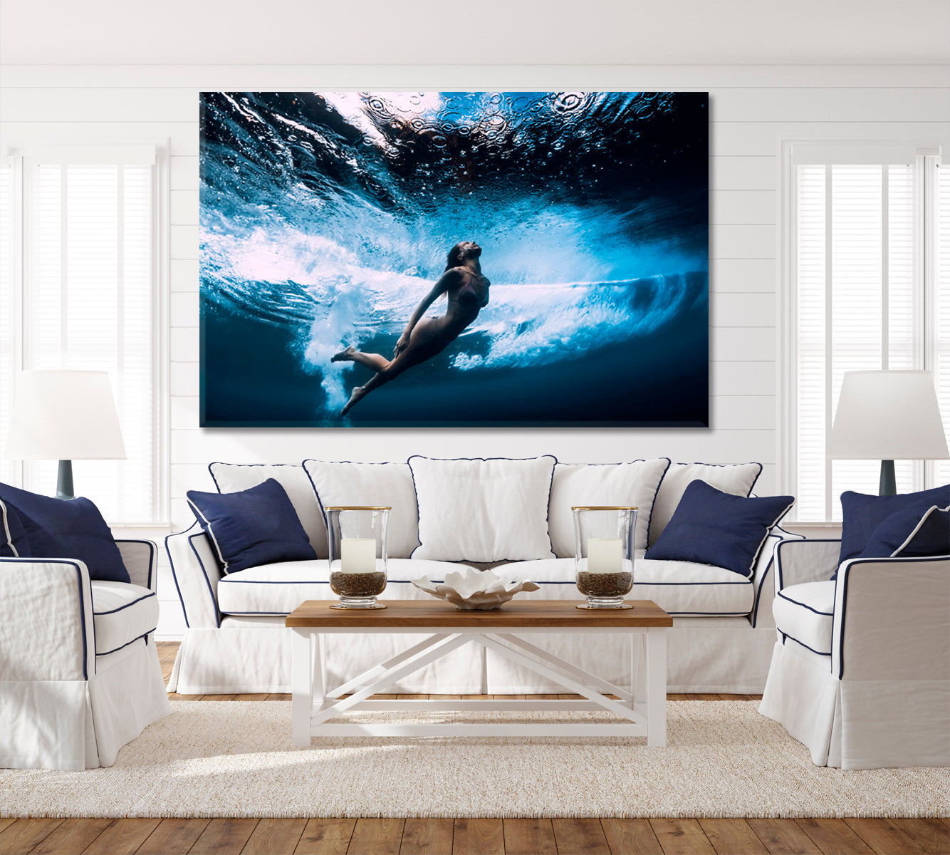 UNDERWATER | Diver Under-barrel Wave Canvas Print Nautical, Sea Life Pattern Art Artesty 1 panel 24" x 16" 