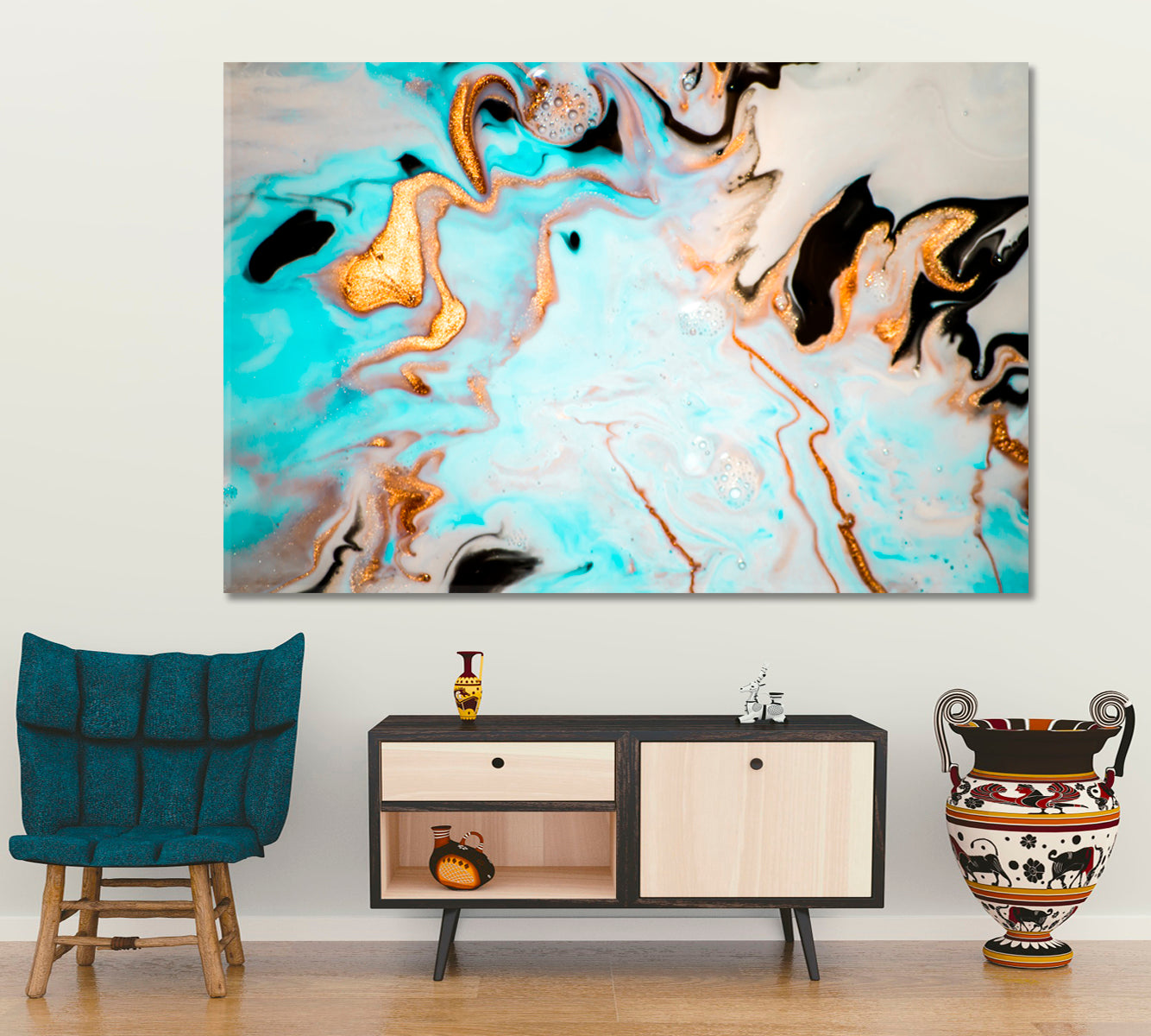 Abstract Modern Marble Unusual Trendy Contemporary Fluid Art, Oriental Marbling Canvas Print Artesty 1 panel 24" x 16" 