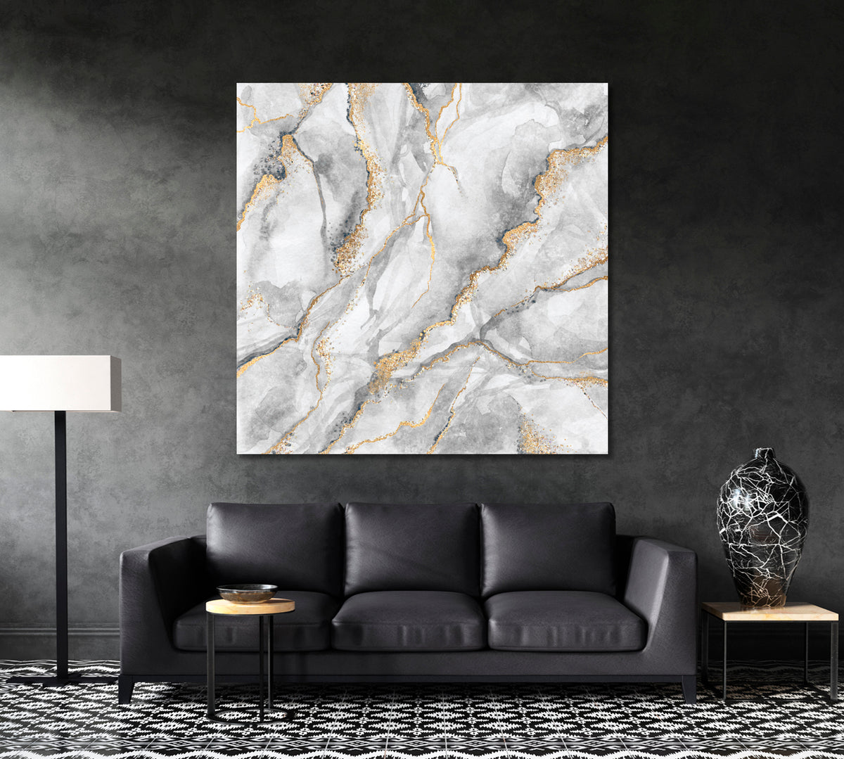 Gray & Gold Abstract Marble Canvas Print - Square Fluid Art, Oriental Marbling Canvas Print Artesty 1 Panel 12"x12" 