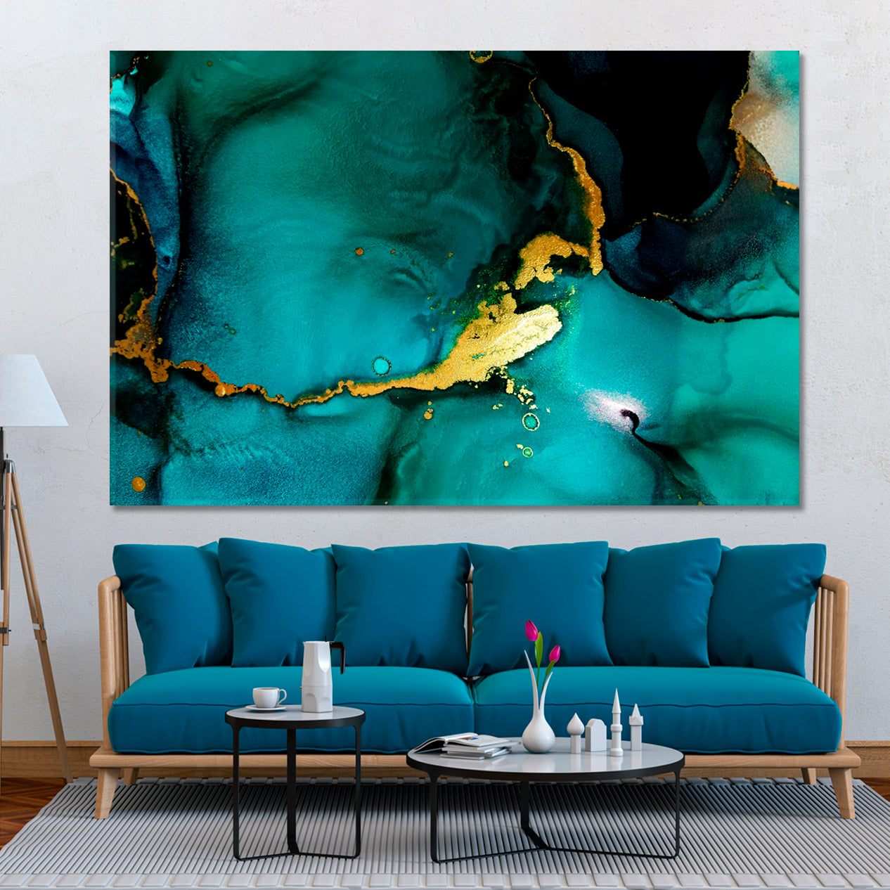 TEAL GREEN Tidewater Gold Effect Luxury Abstract Fluid Art Ink Splash Fluid Art, Oriental Marbling Canvas Print Artesty   