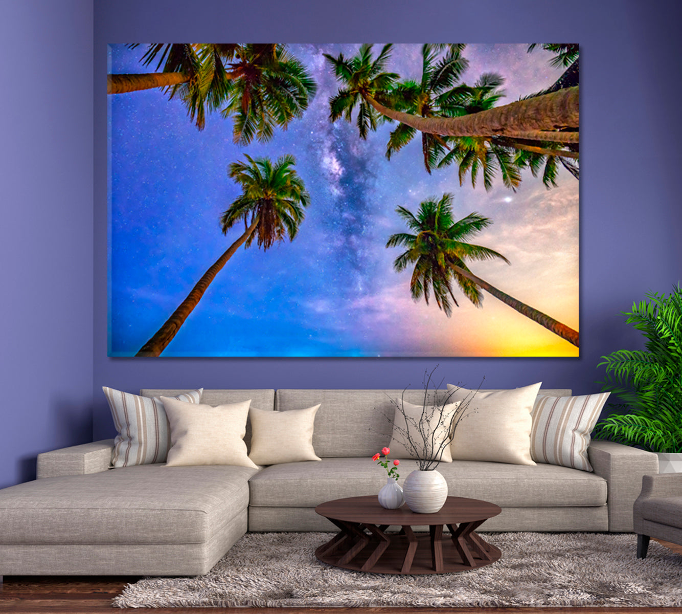 Coconut Palms Trees Milky Way Sky on a beautiful Summer Night Landscape Tropical, Exotic Art Print Artesty   